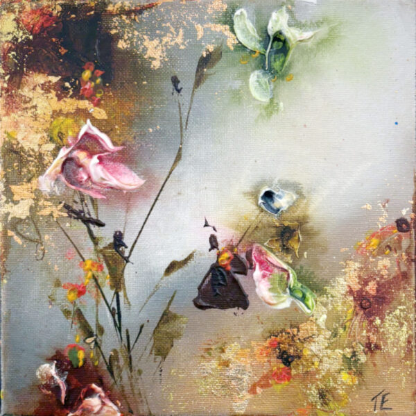 Lake District art. Original mixed media painting by Tina Earnshaw. Autumn Light an abstract misty autumnal scene with the impression of foliage and flowers with gold detailing