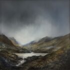 lake district art original oil and mixed media painting of Borrowdale. A moody landscape with dark clouds and mountains misty atmosphere and textured foreground. Near Derwentwater Keswick