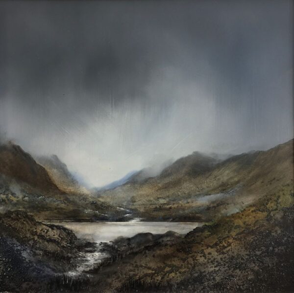 lake district art original oil and mixed media painting of Borrowdale. A moody landscape with dark clouds and mountains misty atmosphere and textured foreground. Near Derwentwater Keswick