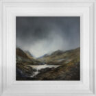 lake district art original oil and mixed media painting of Borrowdale. A moody landscape with dark clouds and mountains misty atmosphere and textured foreground. Near Derwentwater Keswick