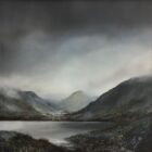 lake district art original oil and mixed media painting of Buttermere. A moody landscape with dark clouds and mountains misty atmosphere & textured foreground. Near Fleetwith pike & haystacks