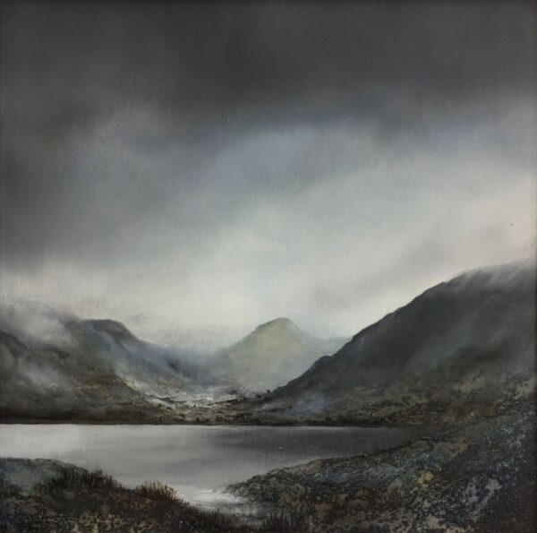 lake district art original oil and mixed media painting of Buttermere. A moody landscape with dark clouds and mountains misty atmosphere & textured foreground. Near Fleetwith pike & haystacks