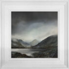 lake district art original oil and mixed media painting of Buttermere. A moody landscape with dark clouds and mountains misty atmosphere & textured foreground. Near Fleetwith pike & haystacks