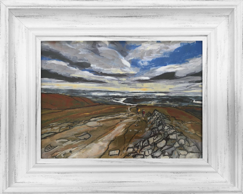 lake district art original acrylic mixed media canvas painting of a view from fairfield horseshoe towards windermere with drystone wall fell walkers and sweeping sunset sky