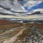 lake district art original acrylic mixed media canvas painting of a view from fairfield horseshoe towards windermere with drystone wall fell walkers and sweeping sunset sky