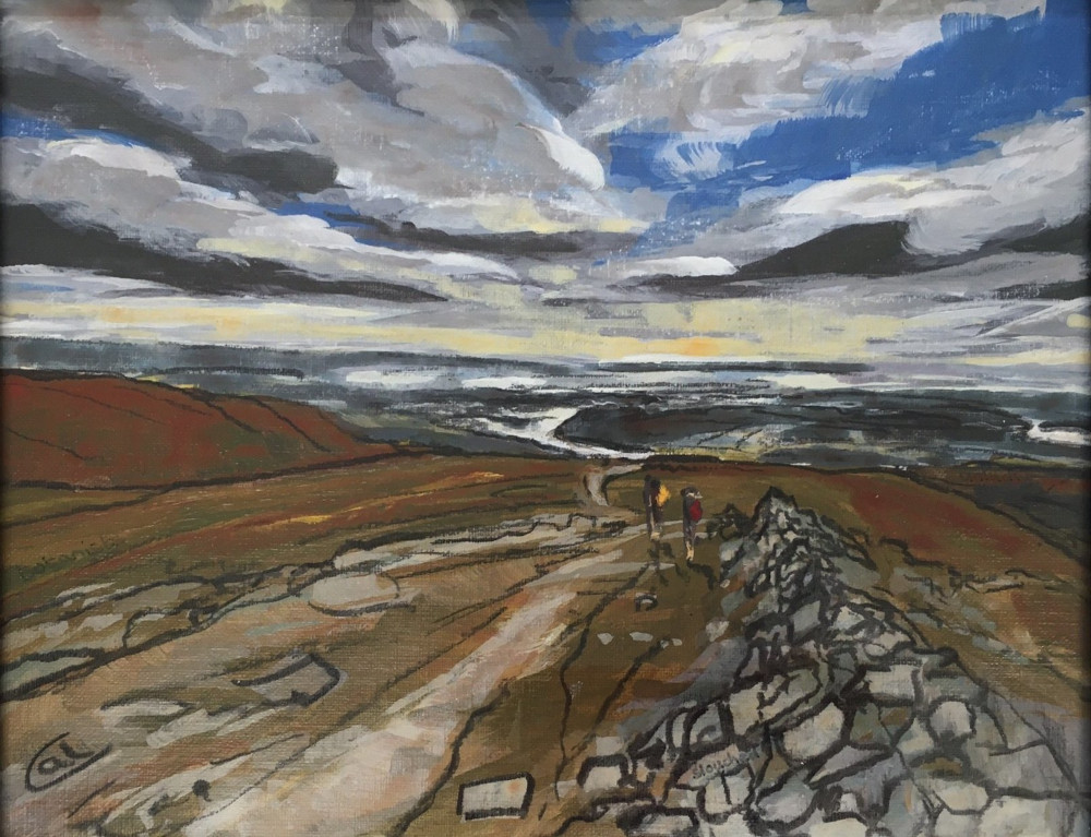 Cally Lawson A view from Fairfield OR lake district art original acrylic mixed media canvas painting of a view from fairfield horseshoe towards windermere with drystone wall fell walkers and sweeping sunset sky