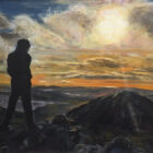 lake district art original acrylic painting of sunset silhouette of fellwalker on fairfeild landscape