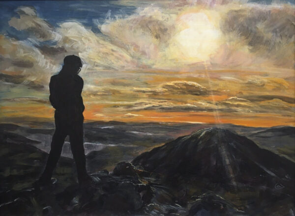 lake district art original acrylic painting of sunset silhouette of fellwalker on fairfeild landscape