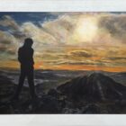 lake district art original acrylic painting of sunset silhouette of fellwalker on fairfeild landscape