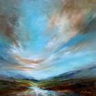 Lake District Art Gallery. Cascading Brook original oil and acrylic painting by Katie Day. A contemporary landscape in deep rich colours with a dramatic cloudy sky