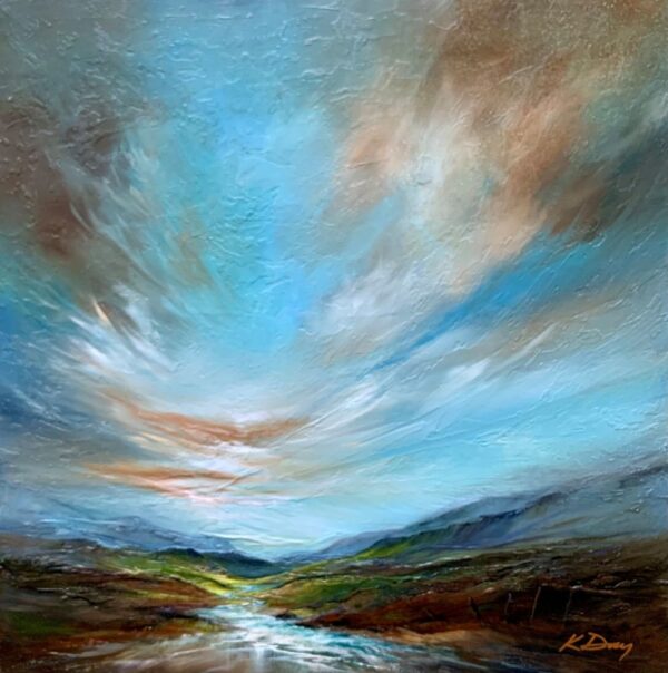 Lake District Art Gallery. Cascading Brook original oil and acrylic painting by Katie Day. A contemporary landscape in deep rich colours with a dramatic cloudy sky