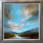 Lake District Art Gallery. Cascading Brook original oil and acrylic painting by Katie Day. A contemporary landscape in deep rich colours with a dramatic cloudy sky