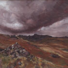 lake district art original acrylic painting of langdales with a moody sky mountain silhouette alpine landscape