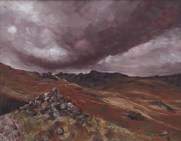 lake district art original acrylic painting of langdales with a moody sky mountain silhouette alpine landscape