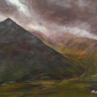 lake district art original acrylic painting by Cally Lawson. Clouds over Brown Cove (Helvellyn) - a contemporary landscape with moody cloudy skies and a lone sheep in the foreground