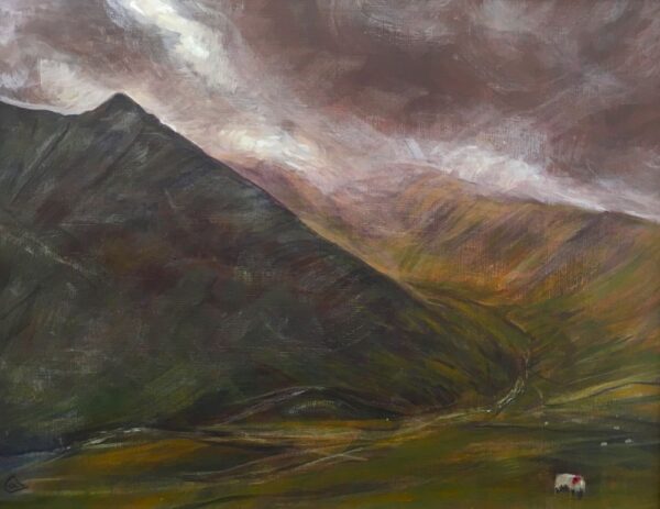lake district art original acrylic painting by Cally Lawson. Clouds over Brown Cove (Helvellyn) - a contemporary landscape with moody cloudy skies and a lone sheep in the foreground
