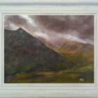lake district art original acrylic painting by Cally Lawson. Clouds over Brown Cove (Helvellyn) - a contemporary landscape with moody cloudy skies and a lone sheep in the foreground