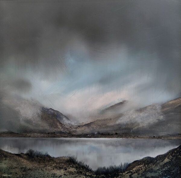 lake district art original oil and mixed media painting of coniston water. A moody landscape with dark clouds and mountains misty atmosphere and textured foreground