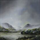 lake district art original oil and mixed media painting of derwentwater. A moody landscape with dark clouds and mountains misty atmosphere and textured foreground