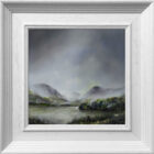 lake district art original oil and mixed media painting of derwentwater. A moody landscape with dark clouds and mountains misty atmosphere and textured foreground