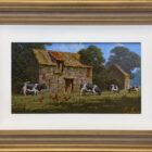 lake district art original painting by edward hersey oil on board of old farm buildings in rural english countryside in summer sunshine with swans cows and hens with a distant village