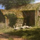 lake district art original painting by edward hersey oil on board of old farm buildings in rural english countryside in summer sunshine with geese cows and hens with a distant village