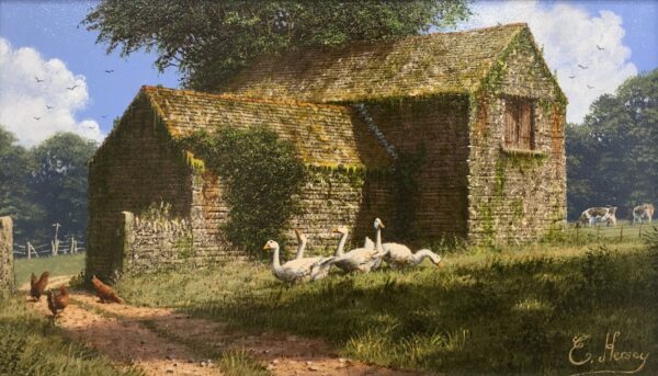 lake district art original painting by edward hersey oil on board of old farm buildings in rural english countryside in summer sunshine with geese cows and hens with a distant village