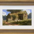 lake district art original painting by edward hersey oil on board of old farm buildings in rural english countryside in summer sunshine with geese cows and hens with a distant village
