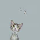 Limited Edition Print by British Artist Nicky Litchfield. Enchanted featuring a tabby cat with big green eyes looking up at two butterflies above. All set on a grey blue background