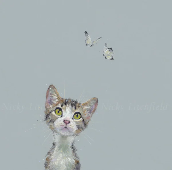 Limited Edition Print by British Artist Nicky Litchfield. Enchanted featuring a tabby cat with big green eyes looking up at two butterflies above. All set on a grey blue background