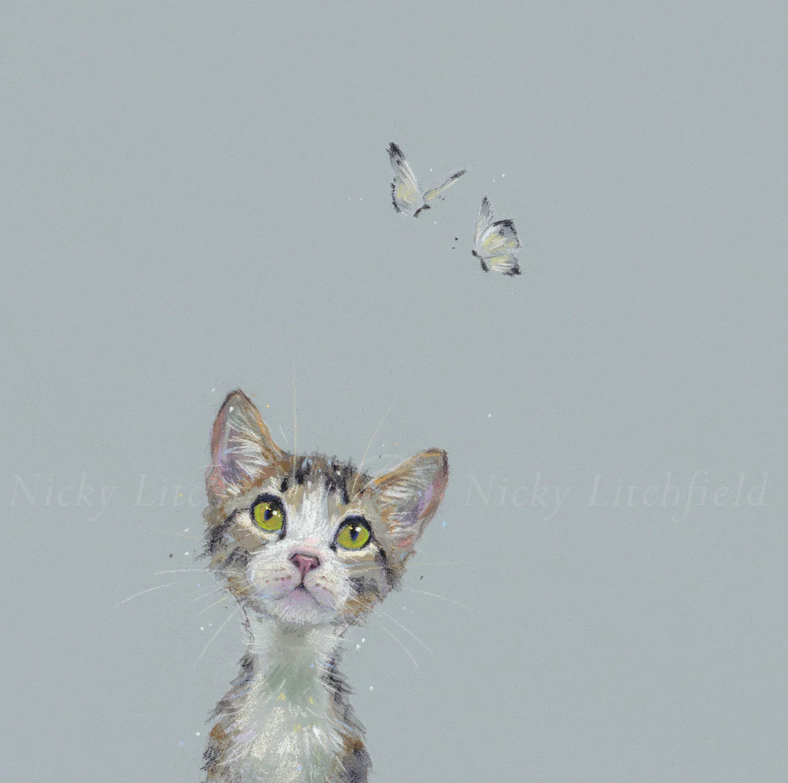 Enchanted by Nicky Litchfield (1) Limited Edition Print by British Artist Nicky Litchfield. Enchanted featuring a tabby cat with big green eyes looking up at two butterflies above. All set on a grey blue background