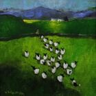 Lake District art by David Alderman. An acrylic painting of a flock of sheep shepherd sheepdog collie showing green summer fields with stone walls mountains in a colourful contemporary style.