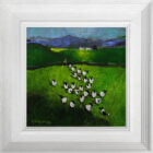 Lake District art by David Alderman. An acrylic painting of a flock of sheep shepherd sheepdog collie showing green summer fields with stone walls mountains in a colourful contemporary style.