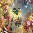 Lake District art. Original mixed media painting by Tina Earnshaw. Fading Leaves an abstract misty autumn scene with the impression of foliage and flowers with gold detailing