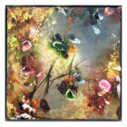 Lake District art. Original mixed media painting by Tina Earnshaw. Fading Leaves an abstract misty autumn scene with the impression of foliage and flowers with gold detailing