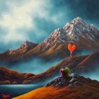 Lake District art original oil painting Follow Your Heart by David Renshaw. A misty mountain landscape with a small full moon in the sky. Ted and Doris embrace on a hill near the love heart