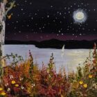 Lake District art original oil painting jeff sudders. Foxgloves in the Moonlight a summer night with bright lake and flowers contrasting with the dark navy sky and mountains