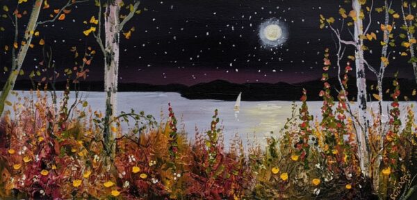 Lake District art original oil painting jeff sudders. Foxgloves in the Moonlight a summer night with bright lake and flowers contrasting with the dark navy sky and mountains