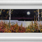 Lake District art original oil painting jeff sudders. Foxgloves in the Moonlight a summer night with bright lake and flowers contrasting with the dark navy sky and mountains