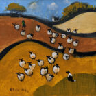 Lake District art by David Alderman. An acrylic painting of a flock of sheep shepherd sheepdog collie showing orange autumn fields with stone walls in a colourful contemporary style.