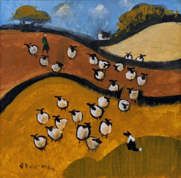 Lake District art by David Alderman. An acrylic painting of a flock of sheep shepherd sheepdog collie showing orange autumn fields with stone walls in a colourful contemporary style.