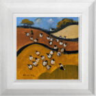 Lake District art by David Alderman. An acrylic painting of a flock of sheep shepherd sheepdog collie showing orange autumn fields with stone walls in a colourful contemporary style.
