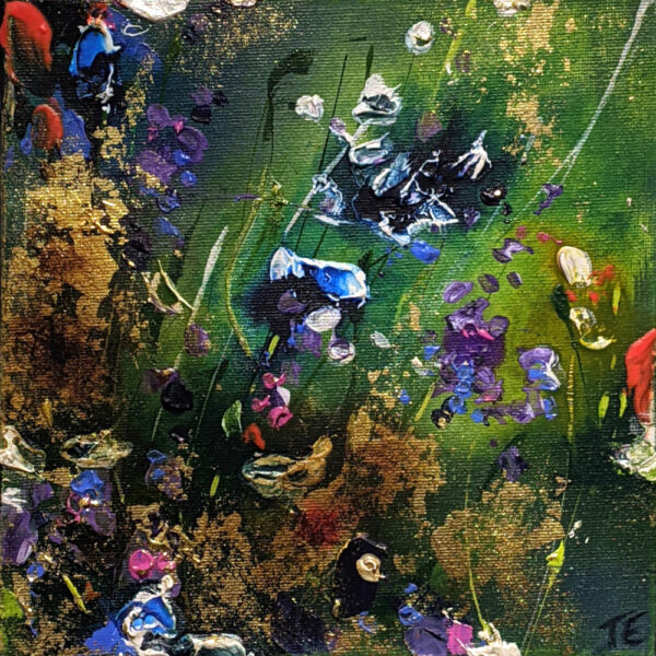 Lake District art. Original mixed media painting by Tina Earnshaw. Glade an abstract summer scene with the impression of rich green foliage and flowers with gold detailing