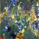 Lake District art. Original mixed media painting by Tina Earnshaw. Glade's Light an abstract summer scene with the impression of rich green foliage and flowers with gold detailing