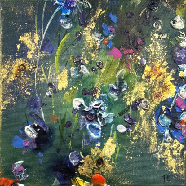 Lake District art. Original mixed media painting by Tina Earnshaw. Glade's Light an abstract summer scene with the impression of rich green foliage and flowers with gold detailing