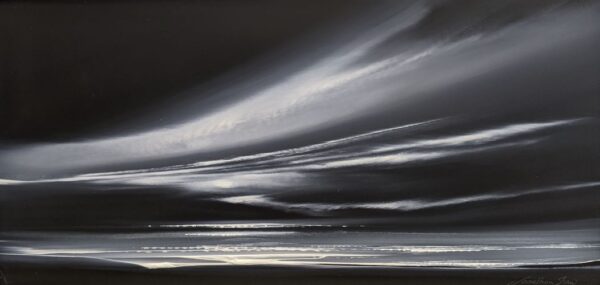 Lake District art original acrylic painting by Jonathan Shaw featuring sweeping skies in graphite tones