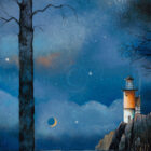 I Miss You by Gary Walton. A limited edition print of a fun and quirky contemporary dreamy scene of a fox under the moonlight and distant lighthouse on the coast