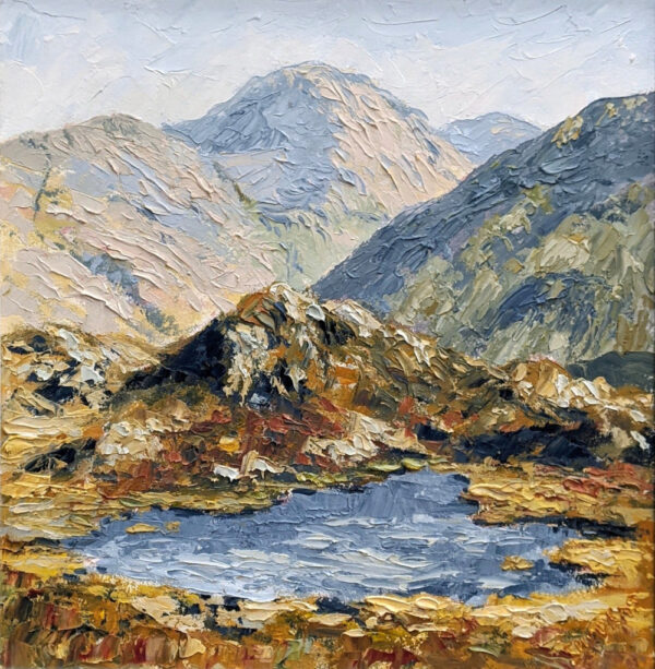 Lake District art original oil painting by Jeff Sudders. Scafell Pike featuring three tarns on a late summer autumn day