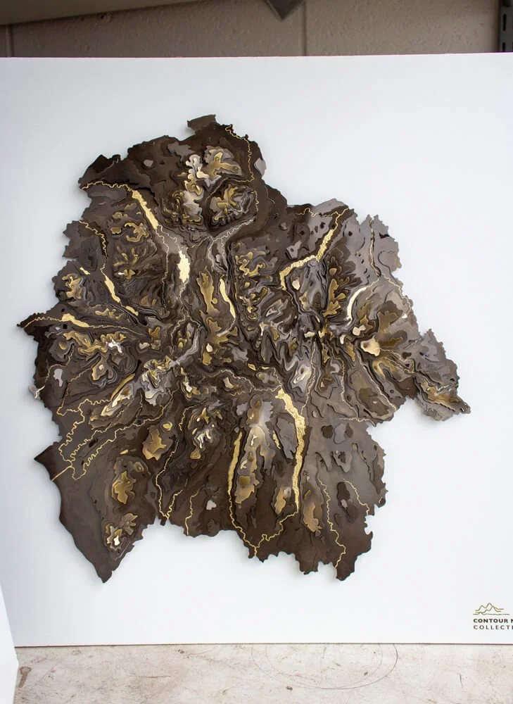 LDNP contour map maximalist laser cut polished brass aerial artwork of the lake district national park in cumbria framed 3D art