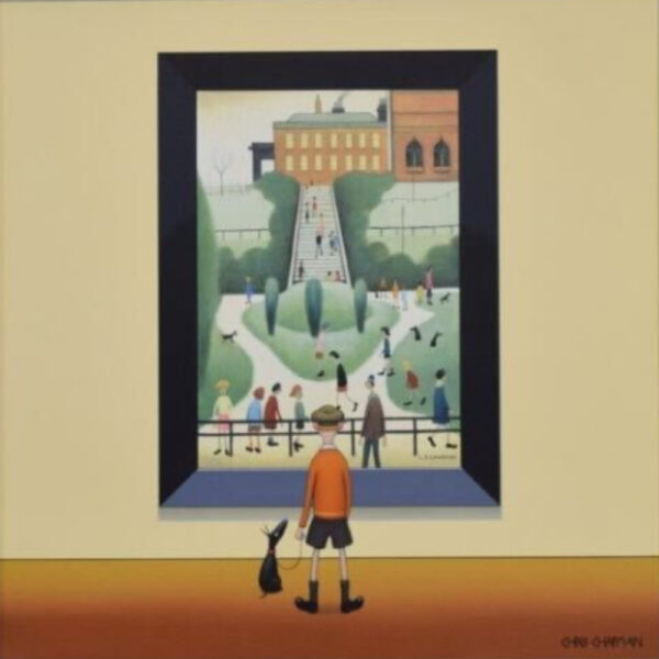 Original painting In the Gardens in the style of LS Lowryish by Chris Chapman in his humorous style.